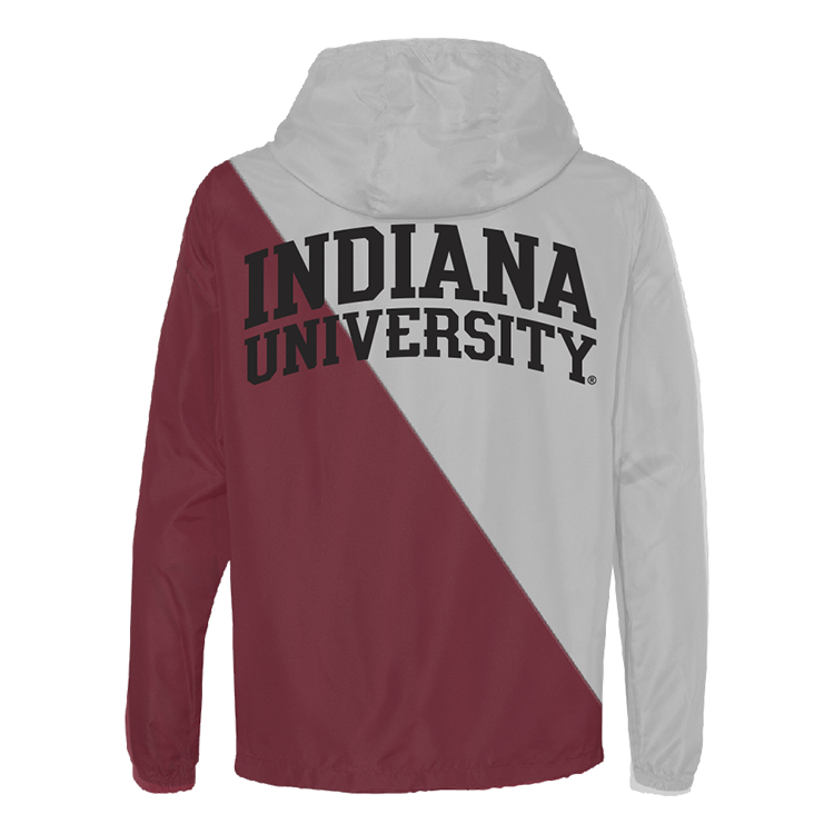 Indiana Hoosiers Gray and red jacket with  'Indiana University' text on back view. 