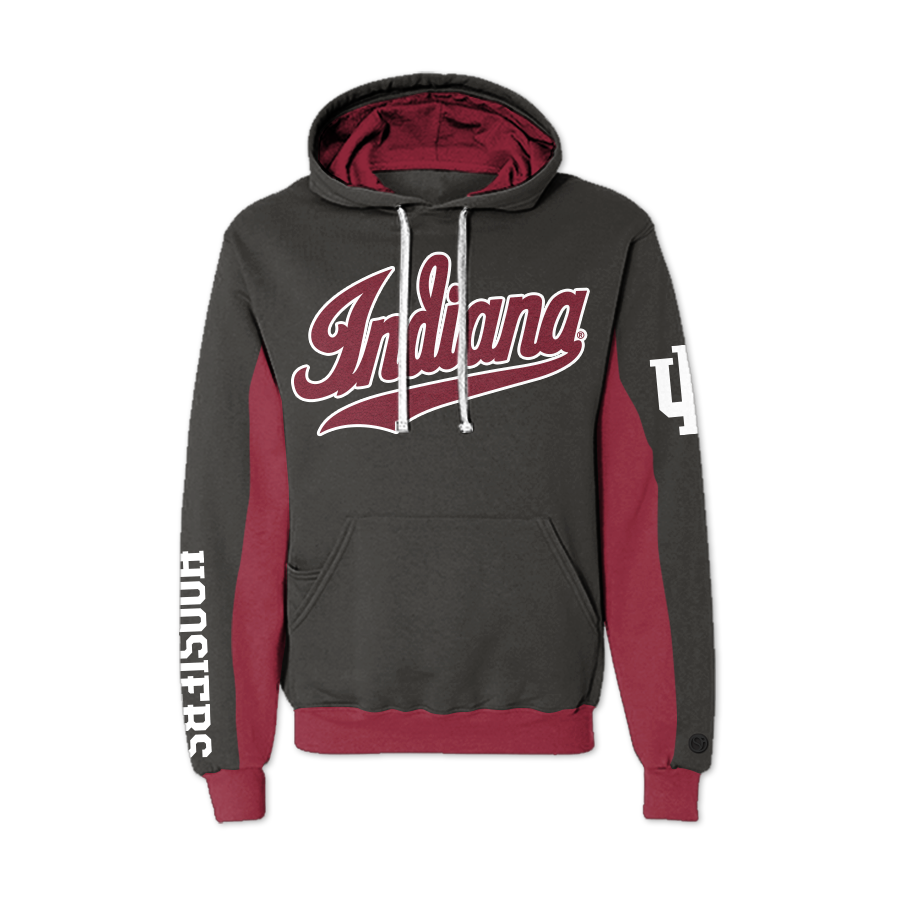 Red Indiana Hoosiers hoodie with 'Indiana' text front view. 
