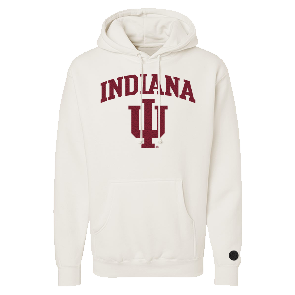 White hoodie with 'Indiana' and logo on a white background.