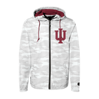 White Indiana Hoosiers camouflage jacket with red accents and a red IU logo on the left chest patch front view. 