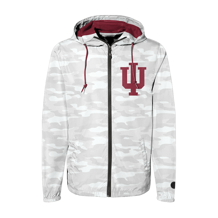 White Indiana Hoosiers camouflage jacket with red accents and a red IU logo on the left chest patch front view. 