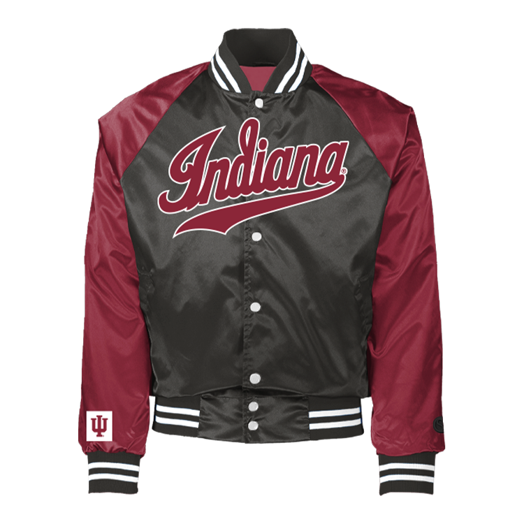 Indiana Hoosiers coach jacket in Black and red varsity 'Indiana' text front view. 