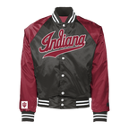Indiana Hoosiers coach jacket in Black and red varsity 'Indiana' text front view. 