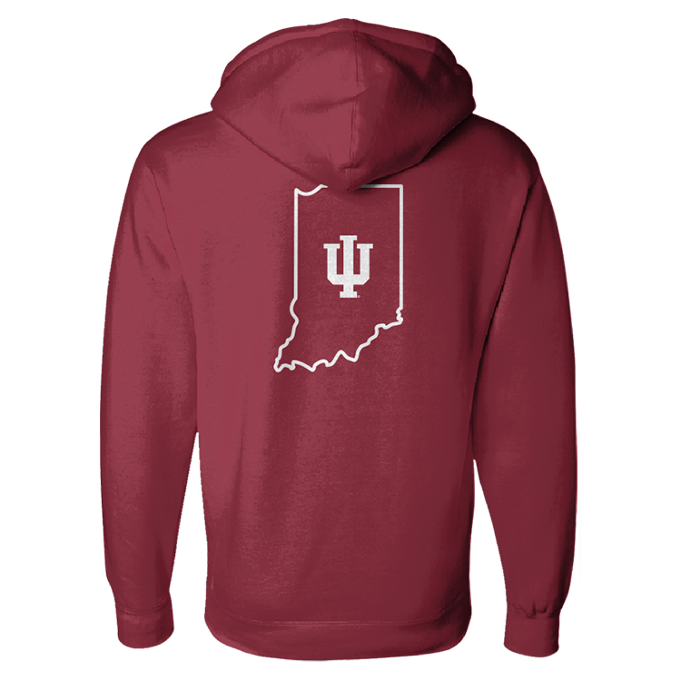Red Indiana Hoosiers hoodie with IU logo pattern bac view with 'IU' logo. 
