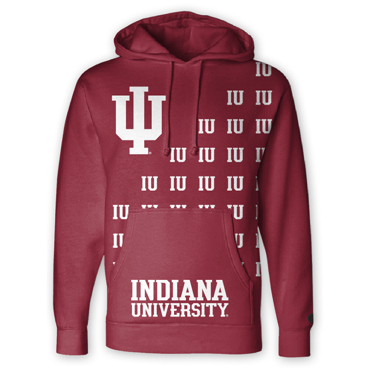 Red Indiana Hoosiers hoodie with IU logo pattern front view. 