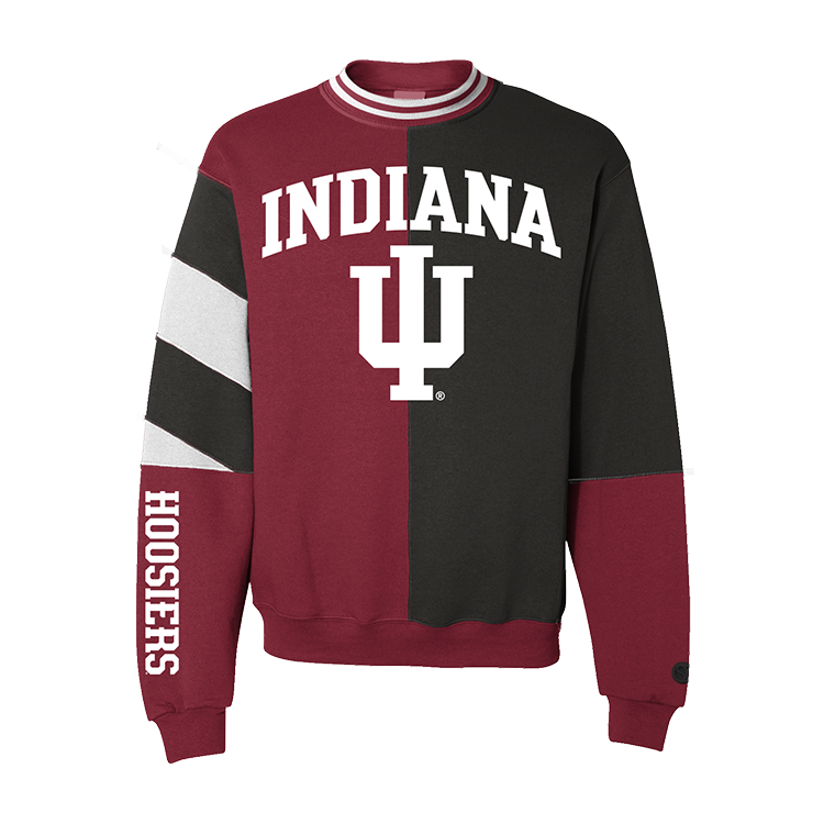 Indiana Hoosiers Split Crewneck front in maroon and black sections. 