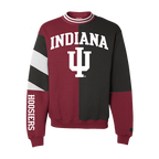 Indiana Hoosiers Split Crewneck front in maroon and black sections. 