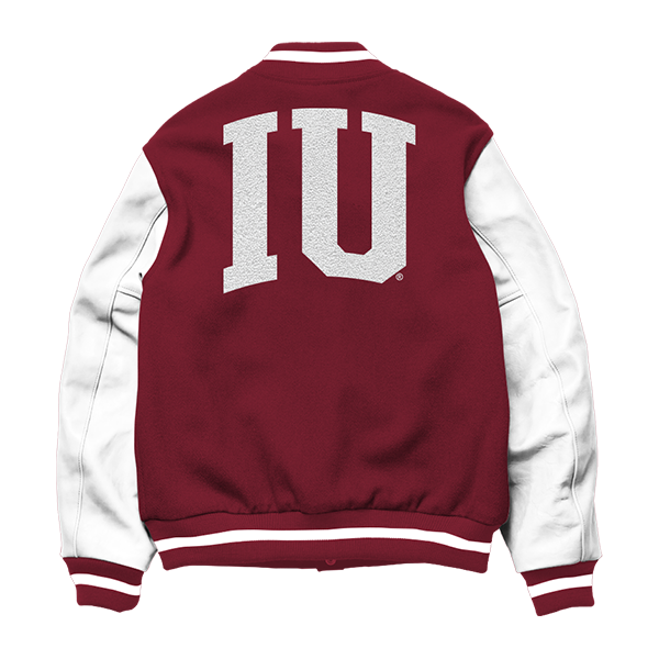 Red and white Indiana Hoosiers varsity jacket with 'IU' on the back.