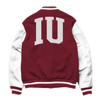 Red and white Indiana Hoosiers varsity jacket with 'IU' on the back.