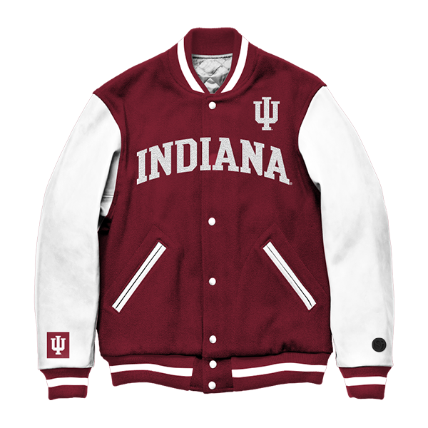 Red and white Indiana Hoosiers Varsity Jacket front view. 