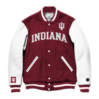 Red and white Indiana Hoosiers Varsity Jacket front view. 