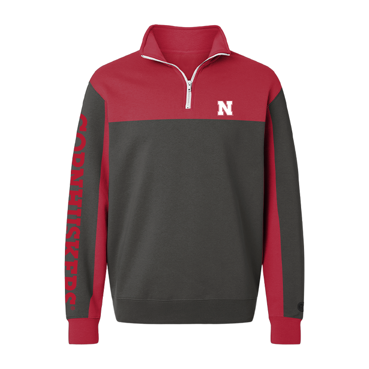 Nebraska Cornhuskers Color Block Quarter Zip Sweatshirt.